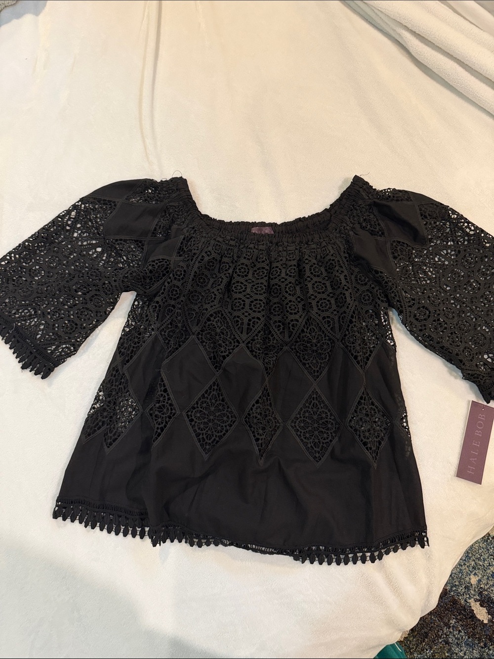 Hale Bob Black Crochet Off-Shoulder Blouse